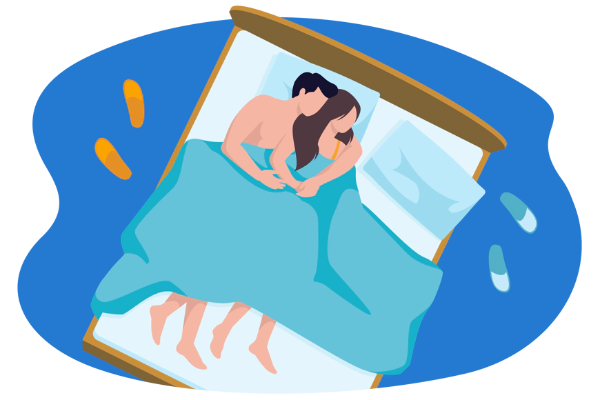 Illustration: Zwei Personen vergleichen Decken für ein Doppelbett